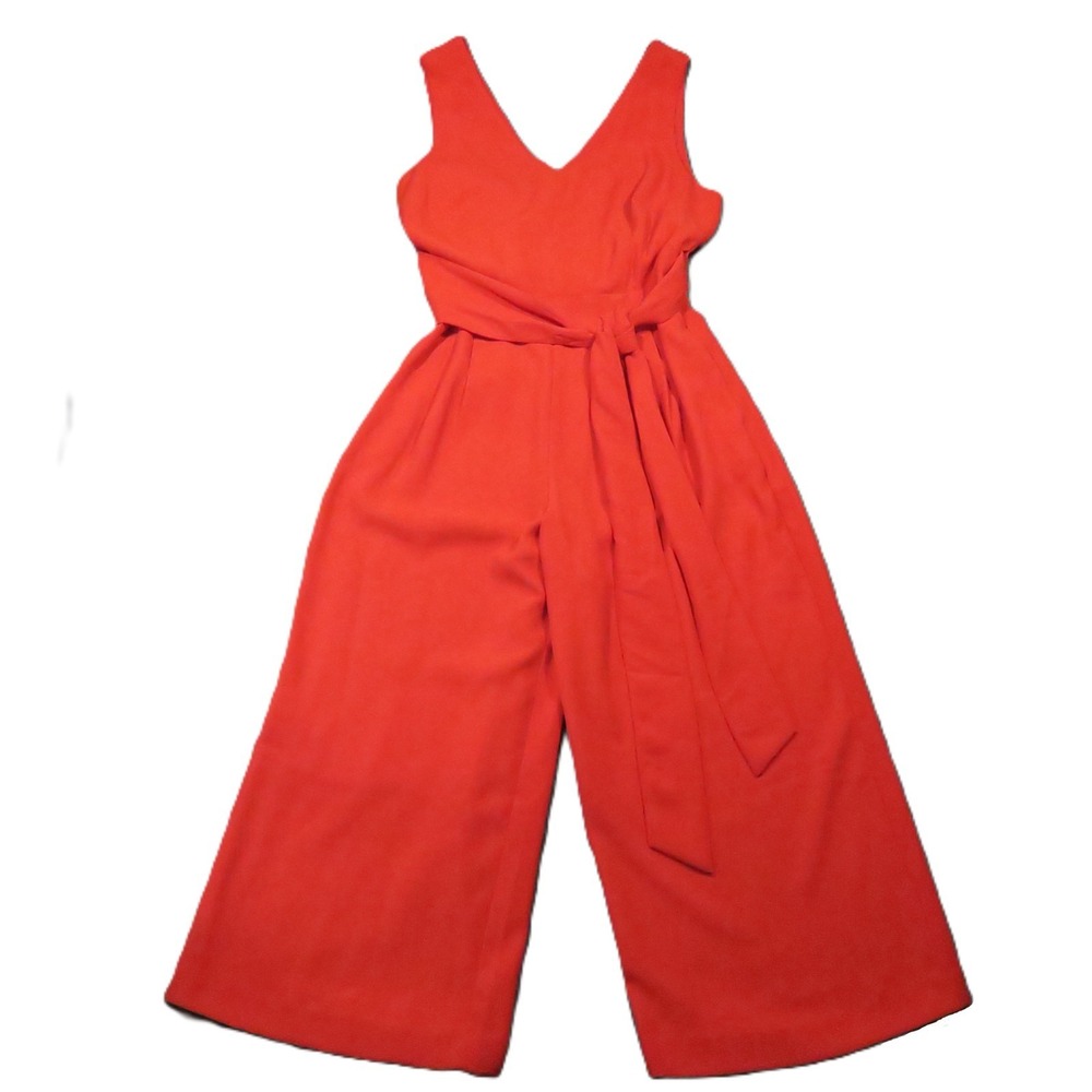 J Crew Wrap Tie V-Neck Jumpsuit Womens 12 Red Crepe Wide Leg Crop Poplin Stretch